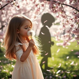 A young girl blowing on a dandelion puff, with a silhouette of a young boy in the background, surrounded by cherry blossom trees