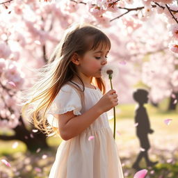 A young girl blowing on a dandelion puff, with a silhouette of a young boy in the background, surrounded by cherry blossom trees