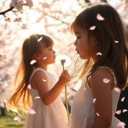 A young girl blowing on a dandelion puff, with a silhouette of a young boy in the background, surrounded by cherry blossom trees