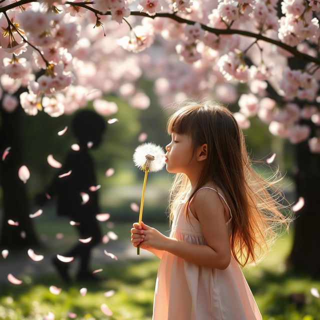 A young girl blowing on a dandelion puff, with a silhouette of a young boy in the background, surrounded by cherry blossom trees