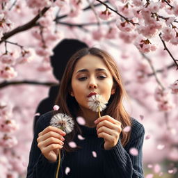 A woman blowing a dandelion, with the silhouette of a boy standing behind her