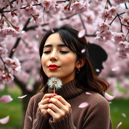 A woman blowing a dandelion, with the silhouette of a boy standing behind her