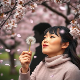 A woman blowing a dandelion, with the silhouette of a boy standing behind her