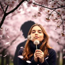 A woman blowing a dandelion, with the silhouette of a boy standing behind her