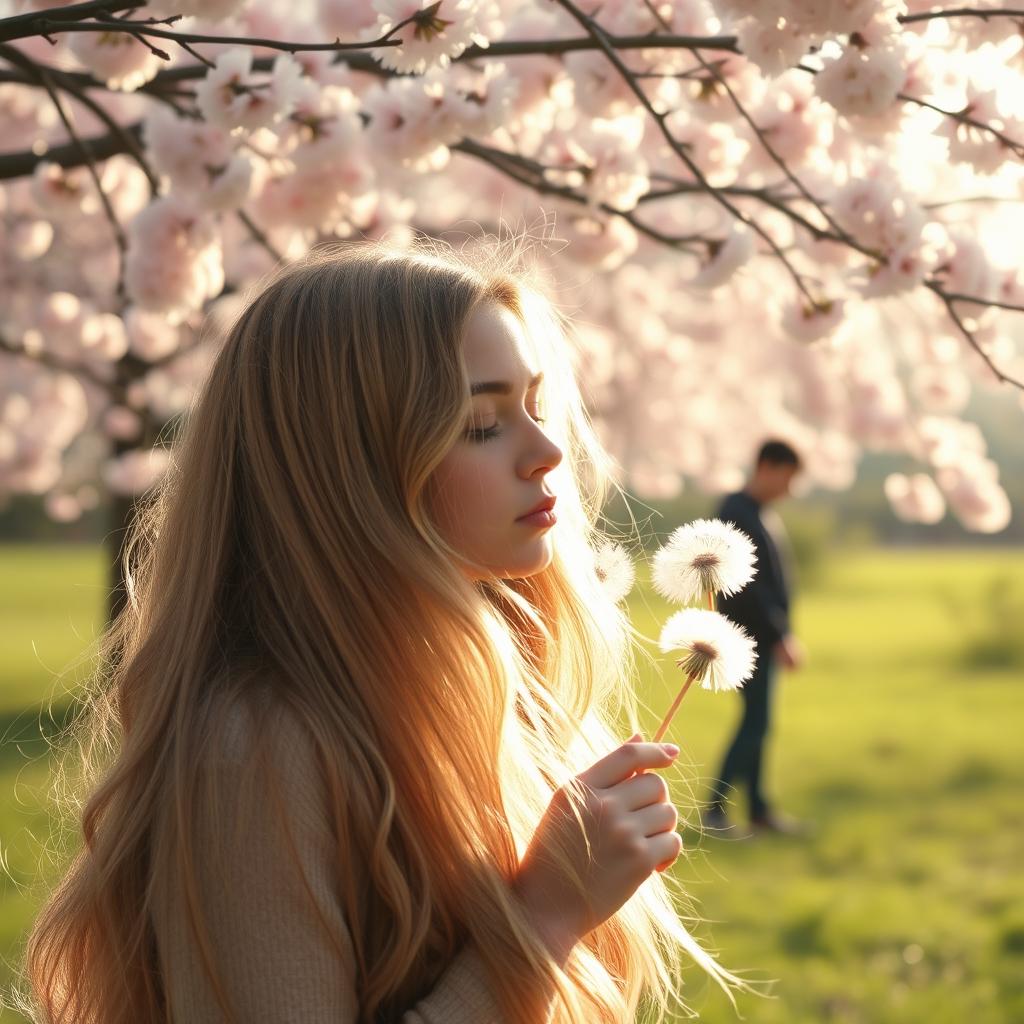 A beautiful scene featuring a woman with long, flowing blonde hair blowing on a dandelion, creating a whimsical atmosphere