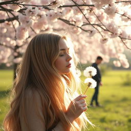 A beautiful scene featuring a woman with long, flowing blonde hair blowing on a dandelion, creating a whimsical atmosphere