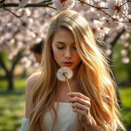 A beautiful scene featuring a woman with long, flowing blonde hair blowing on a dandelion, creating a whimsical atmosphere