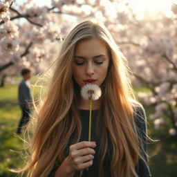 A beautiful scene featuring a woman with long, flowing blonde hair blowing on a dandelion, creating a whimsical atmosphere