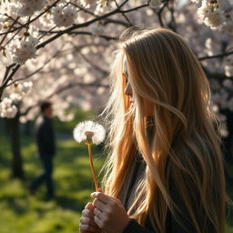 A beautiful scene featuring a woman with long, flowing blonde hair blowing on a dandelion, creating a whimsical atmosphere