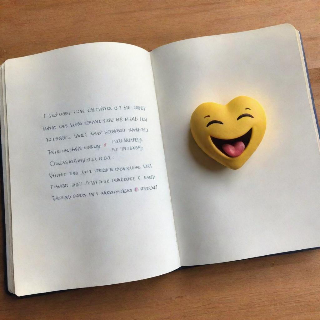 An open book with a love quote on one side, accompanied by a kissing emoji. The other page remains blank.