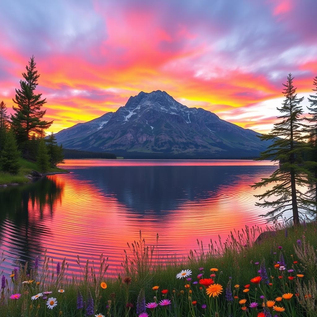 A serene landscape featuring a majestic mountain range at sunset, with vibrant colors of orange, pink, and purple in the sky reflecting on a tranquil lake