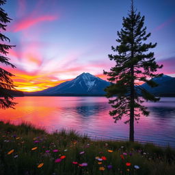 A serene landscape featuring a majestic mountain range at sunset, with vibrant colors of orange, pink, and purple in the sky reflecting on a tranquil lake