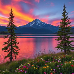 A serene landscape featuring a majestic mountain range at sunset, with vibrant colors of orange, pink, and purple in the sky reflecting on a tranquil lake