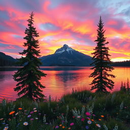 A serene landscape featuring a majestic mountain range at sunset, with vibrant colors of orange, pink, and purple in the sky reflecting on a tranquil lake