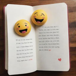 An open book with a love quote on one side, accompanied by a kissing emoji. The other page remains blank.