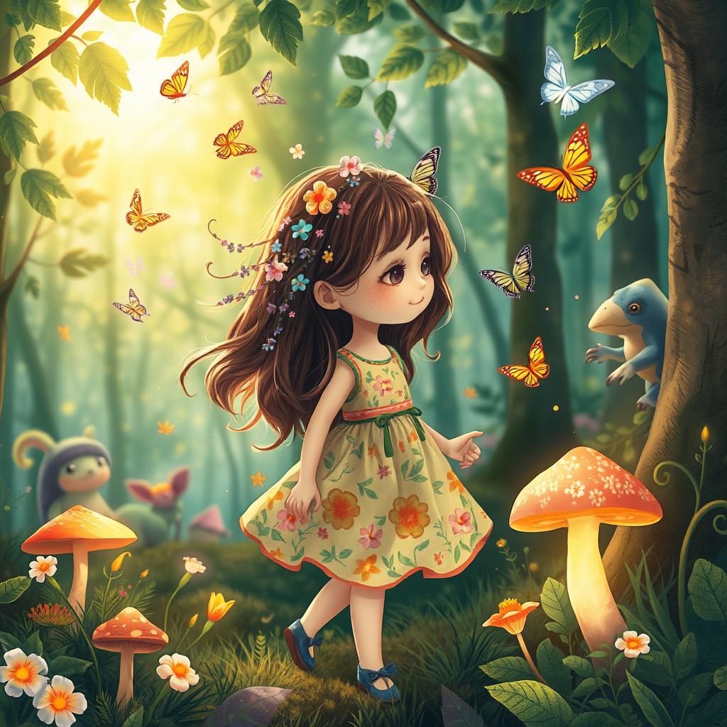 A vibrant, whimsical illustration of a young girl exploring a magical forest