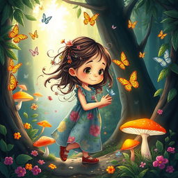 A vibrant, whimsical illustration of a young girl exploring a magical forest