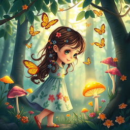 A vibrant, whimsical illustration of a young girl exploring a magical forest