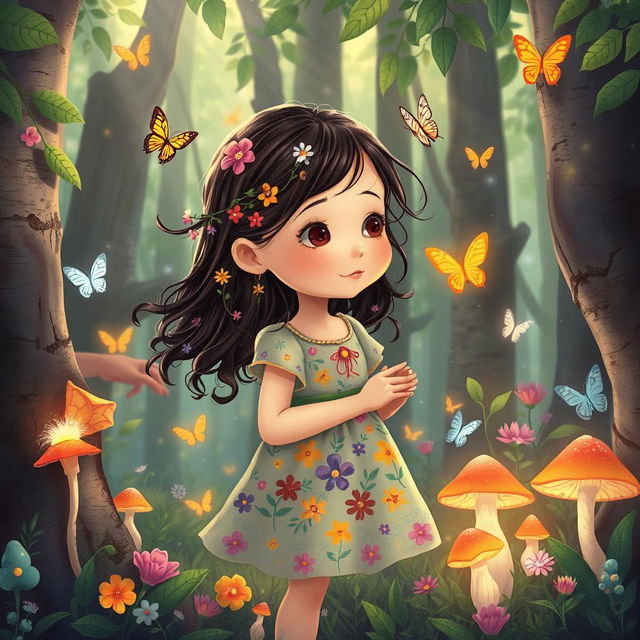 A vibrant, whimsical illustration of a young girl exploring a magical forest