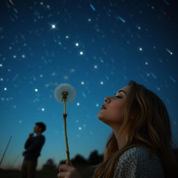 A stunning scene featuring a woman with long blonde hair gently blowing on a dandelion, with the delicate seeds floating away in the air