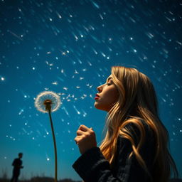 A stunning scene featuring a woman with long blonde hair gently blowing on a dandelion, with the delicate seeds floating away in the air