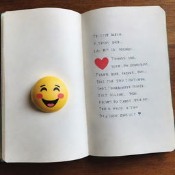 An open book with a love quote on one side, accompanied by a kissing emoji. The other page remains blank.