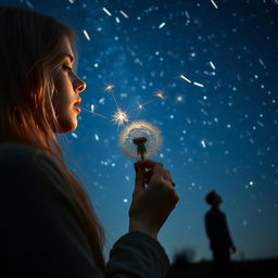 A stunning scene featuring a woman with long blonde hair gently blowing on a dandelion, with the delicate seeds floating away in the air