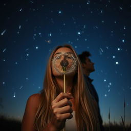 A stunning scene featuring a woman with long blonde hair gently blowing on a dandelion, with the delicate seeds floating away in the air