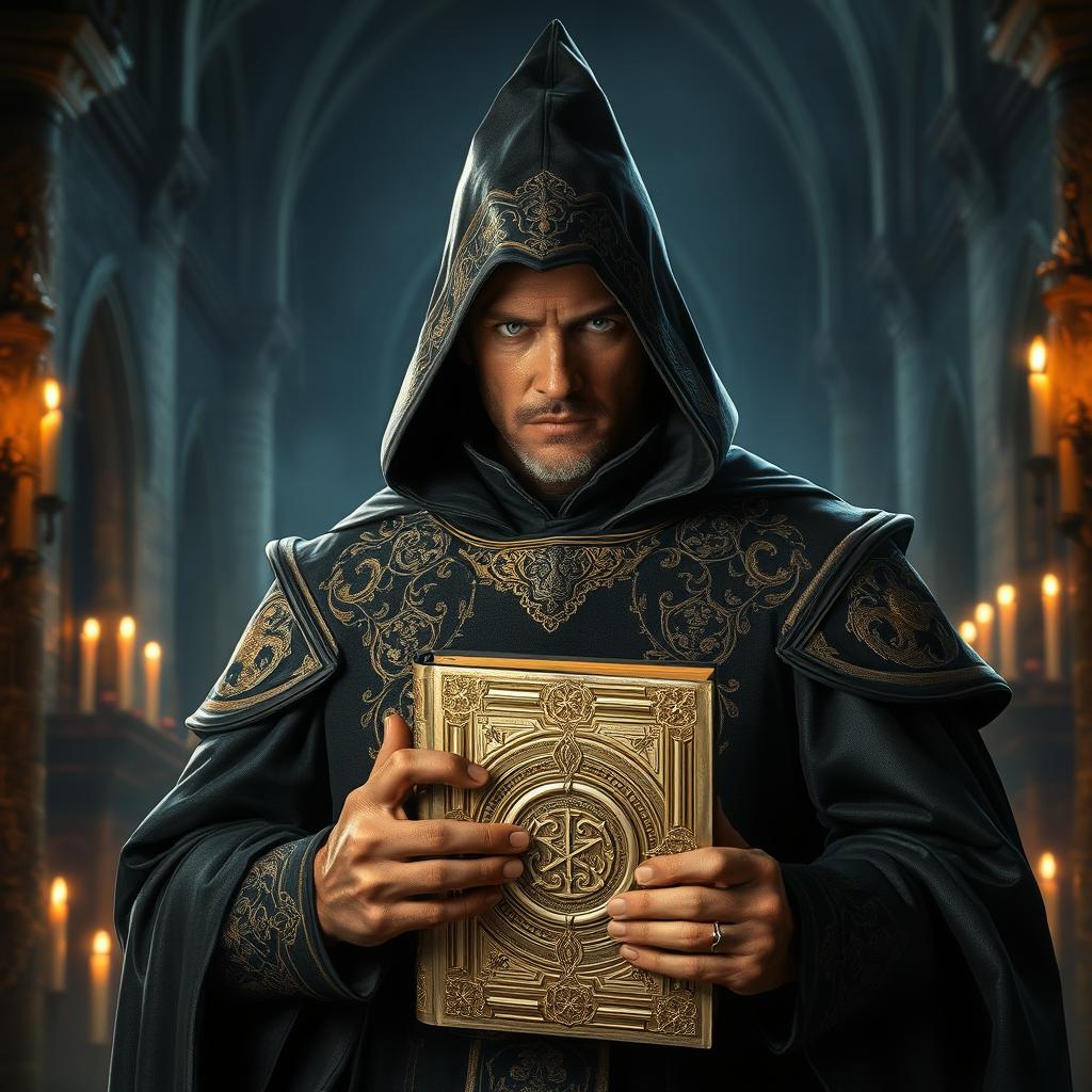 A powerful and intimidating Inquisitor character, wearing a dark, ornate robe with intricate golden patterns, a tall, pointed hood shadowing their face