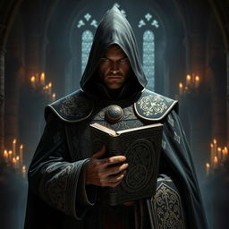 A powerful and intimidating Inquisitor character, wearing a dark, ornate robe with intricate golden patterns, a tall, pointed hood shadowing their face