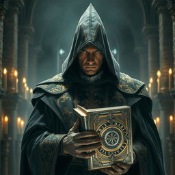 A powerful and intimidating Inquisitor character, wearing a dark, ornate robe with intricate golden patterns, a tall, pointed hood shadowing their face