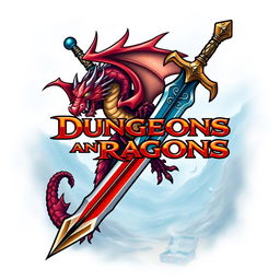 A creative reinterpretation of the iconic Dungeons and Dragons logo, featuring a bold and stylized dragon intertwined with a fantasy-themed sword and magical elements