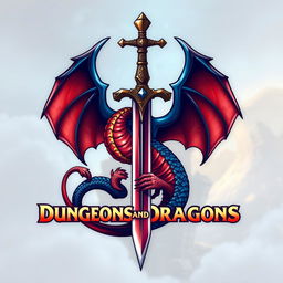 A creative reinterpretation of the iconic Dungeons and Dragons logo, featuring a bold and stylized dragon intertwined with a fantasy-themed sword and magical elements