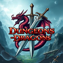 A creative reinterpretation of the iconic Dungeons and Dragons logo, featuring a bold and stylized dragon intertwined with a fantasy-themed sword and magical elements