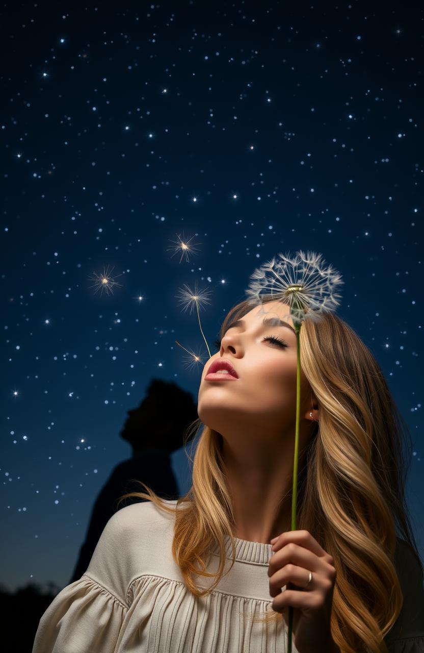 A beautiful blonde woman blowing a dandelion puff under a starry night sky filled with shooting stars, with the silhouette of a man in the background