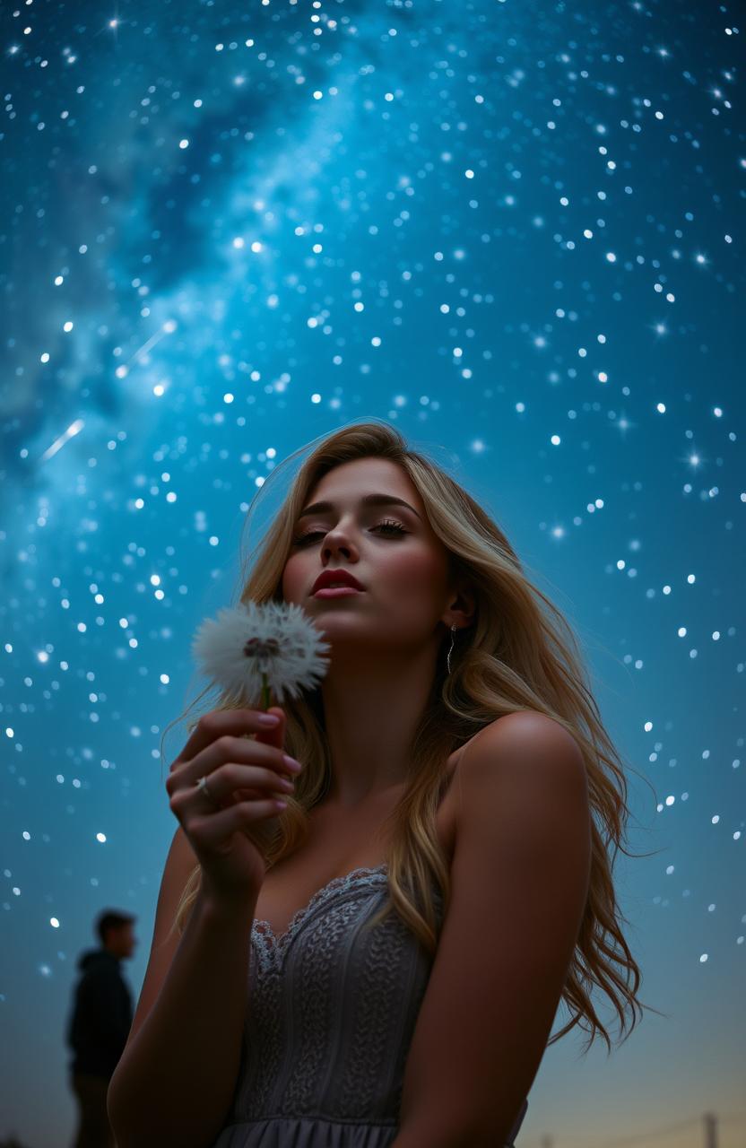 A beautiful blonde woman blowing a dandelion puff under a starry night sky filled with shooting stars, with the silhouette of a man in the background