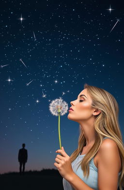 A beautiful blonde woman blowing a dandelion puff under a starry night sky filled with shooting stars, with the silhouette of a man in the background