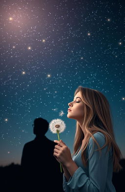 A beautiful blonde woman blowing a dandelion puff under a starry night sky filled with shooting stars, with the silhouette of a man in the background