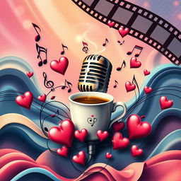 A vibrant and artistic collage showcasing music notes dancing around a classic microphone, surrounded by soft, rhythmic waves that evoke the feeling of sound and motion