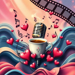 A vibrant and artistic collage showcasing music notes dancing around a classic microphone, surrounded by soft, rhythmic waves that evoke the feeling of sound and motion