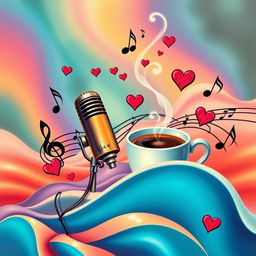 A vibrant and artistic collage showcasing music notes dancing around a classic microphone, surrounded by soft, rhythmic waves that evoke the feeling of sound and motion