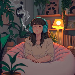 A relaxed stoner girl in a cozy, chill environment, reminiscent of a lofi aesthetic