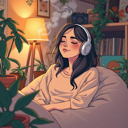 A relaxed stoner girl in a cozy, chill environment, reminiscent of a lofi aesthetic