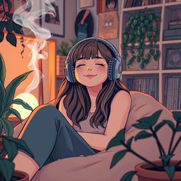 A relaxed stoner girl in a cozy, chill environment, reminiscent of a lofi aesthetic