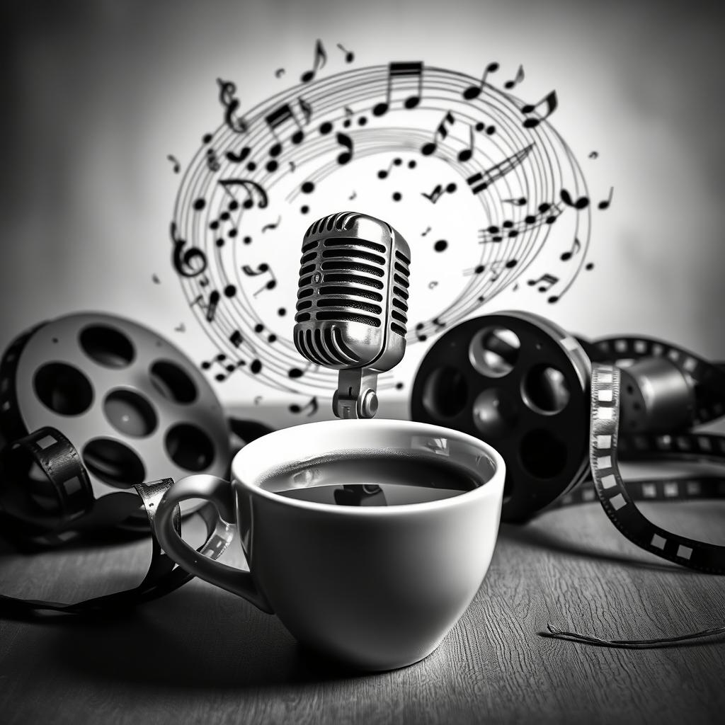 A stunning black and white composition featuring an artistic arrangement of music notes swirling around a classic microphone, embodying the essence of music and performance