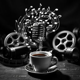 A stunning black and white composition featuring an artistic arrangement of music notes swirling around a classic microphone, embodying the essence of music and performance