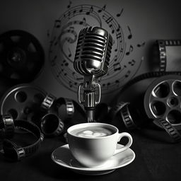 A stunning black and white composition featuring an artistic arrangement of music notes swirling around a classic microphone, embodying the essence of music and performance