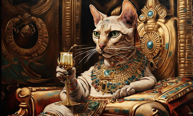 Rococo oil painting of a sphinx cat dressed as Cleopatra, seated on a throne and drinking milk from an ornate golden chalice.