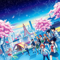 An eye-catching Twitter background themed around anime, filled with vibrant colors and lively scenes