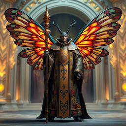 A beetlefolk scarab cleric with magnificent, intricate wings, standing proudly in a holy setting